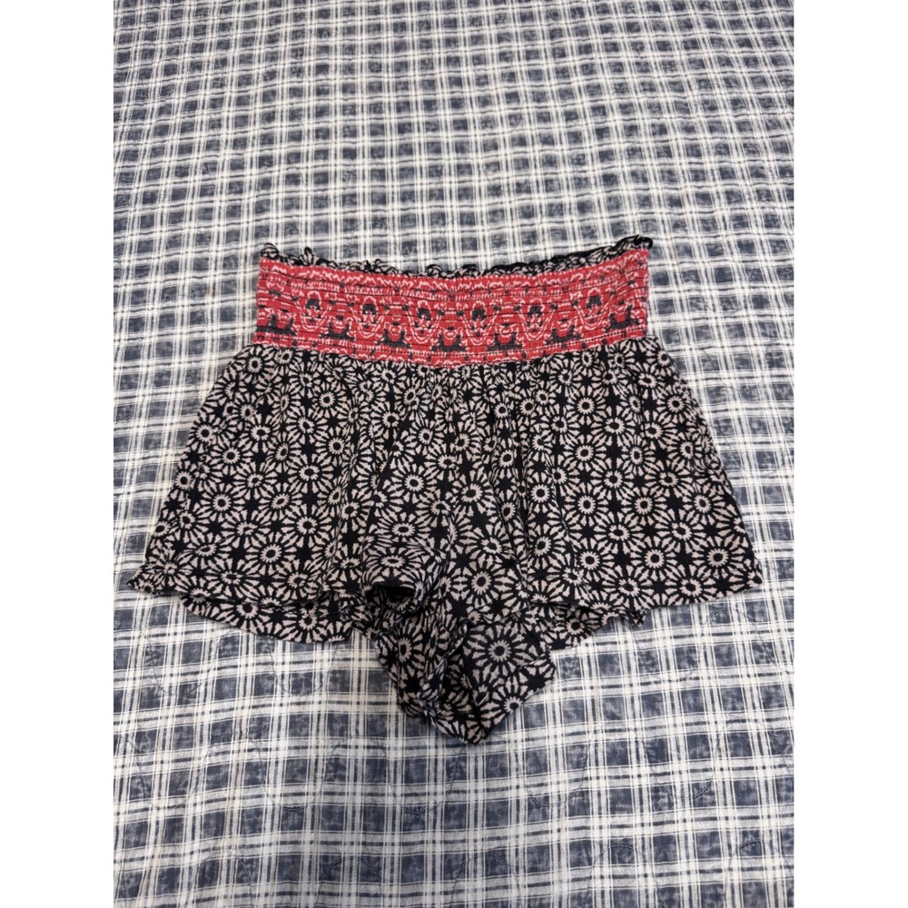Free People Smocked Waist Boho Floral Medallion Shorts Black Red White XS